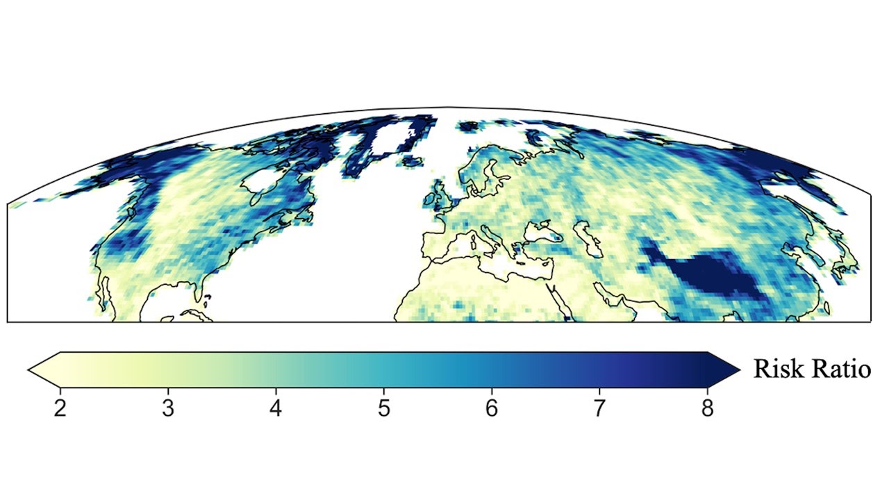 Map of the Northern Hemisphere showing the projected increase in extreme daily rainfall by 2100 relative to 1950–1979 (the risk ratio). Darker areas are predicted to be more prone to increased rainfall extremes with global warming.