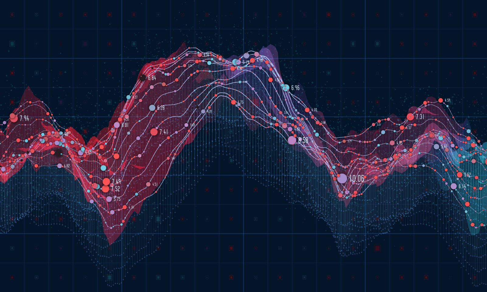 Dark abstract visualization of a red and pink jagged data wave or mountain ridge on a black background