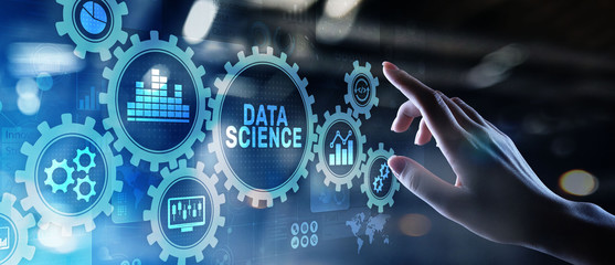 Mechanical gears overlaid with the words "Data Science" and digital data visualizations