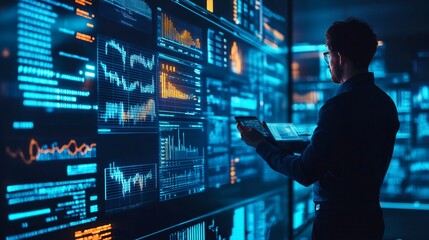 A lone figure standing in a vast, glowing blue digital corridor lined with data screens