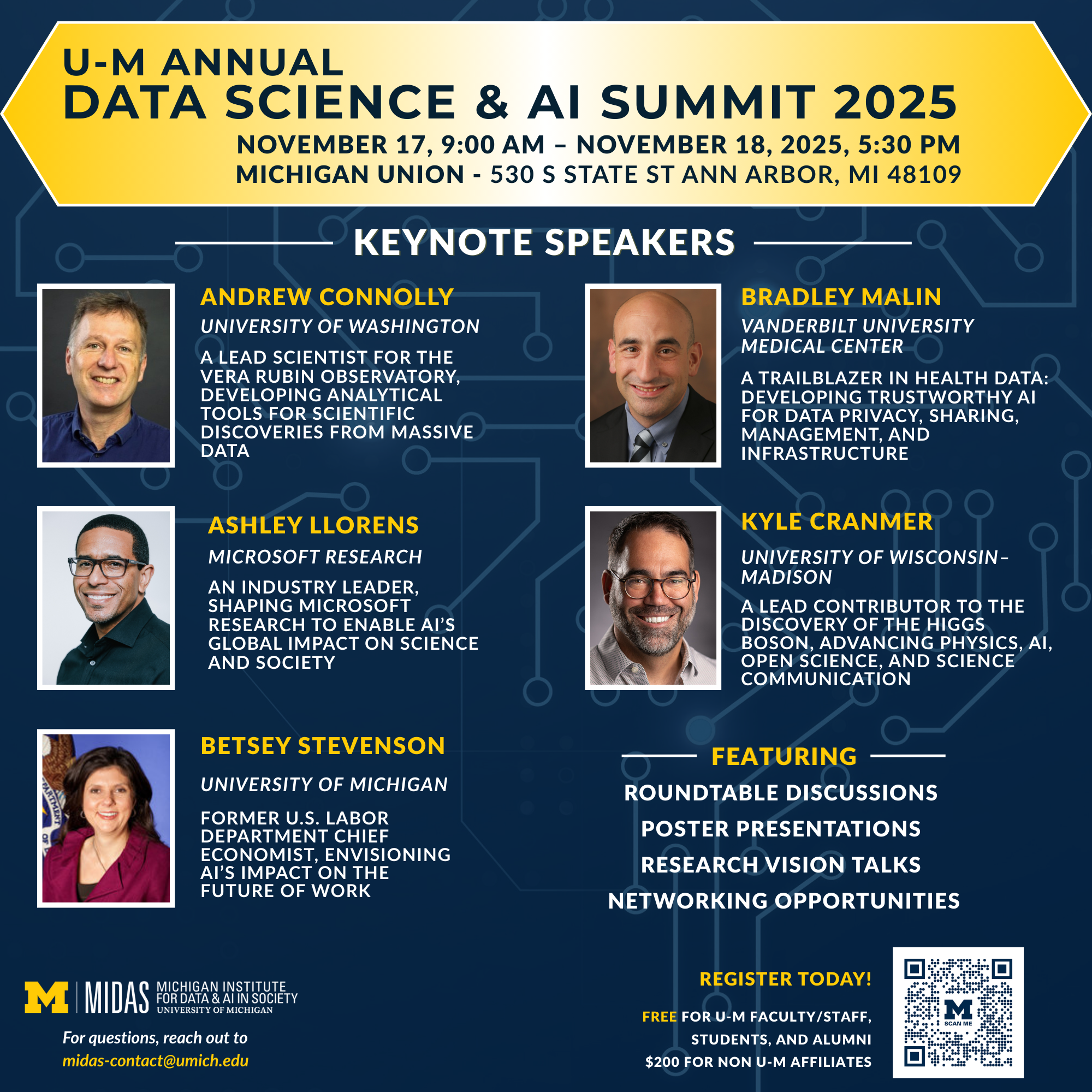 Event poster for “Data Science & AI Summit 2025” showing multiple speaker headshots in a grid with names/titles on a dark blue background.
