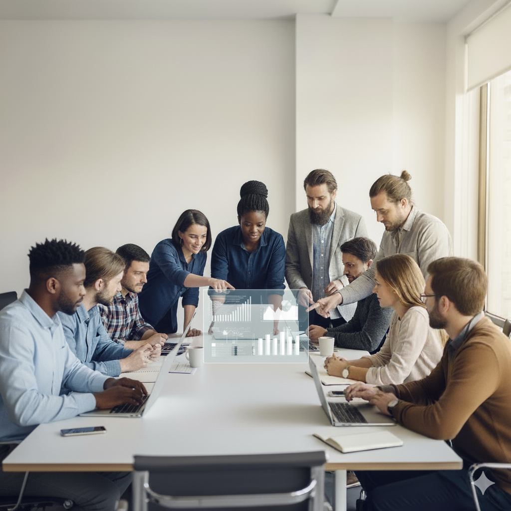 Diverse group of professionals seated around a conference table in a bright office