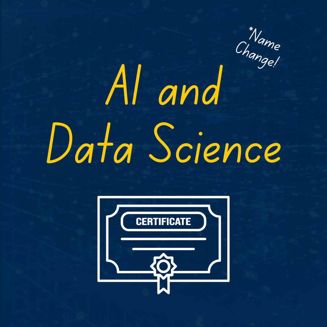 “AI and Data Science” graphic with a certificate icon.