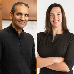 Professional portrait of a smiling man and woman standing side by side in black tops against neutral backgrounds, conveying warmth and confidence.